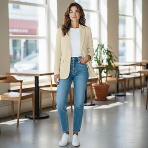 Women Blazer EMPORIO ARMANI Beige Single Button Front Long Sleeve Blazer Jacket